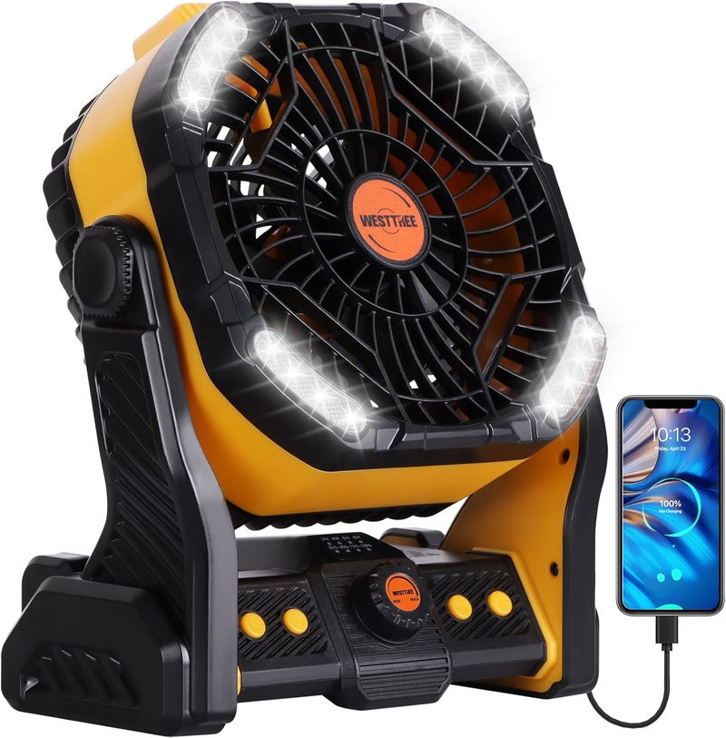 WESTTREE 20000mAh Camping Fan with LED Lantern USB Tpye C Rechargeable Battery Operated Outdoor Tent Fan with Light & Hook, 270° Pivot 4 Speeds, Personal USB Desk Fan for Camping Yellow X26A - Image 1